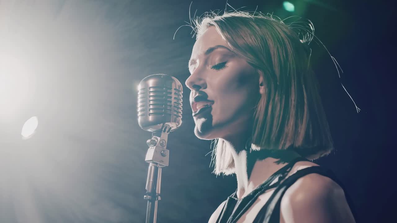 A vintage-style video frame shows a singer in profile at a low angle, illuminated by dramatic