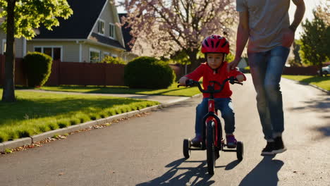 father teaching child to ride a tricycle