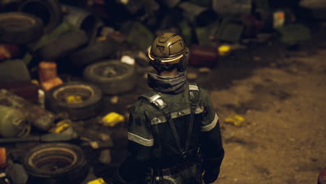 worker standing amidst piles of discarded tires and debris at a waste site