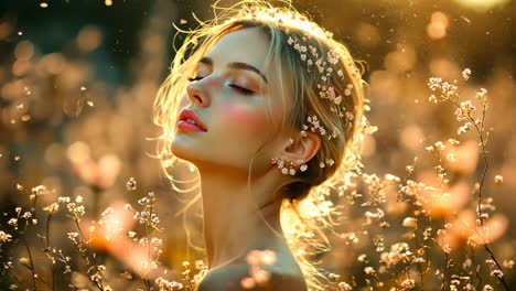 model in a sunlit flower field with soft petals around her