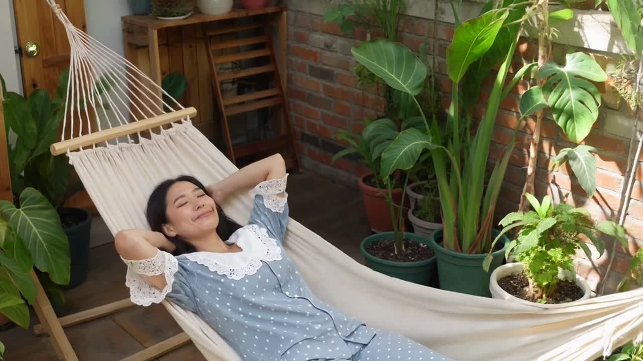 Peaceful Young Woman Relaxing in a Hammock Surrounded by Indoor Plants