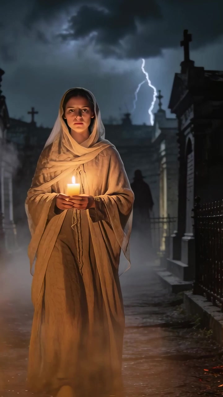 Video verticale: Donna incappucciata cammina con una candela su un sentiero fiancheggiato da tombe di notte, con fulmini che squarciano il cielo.