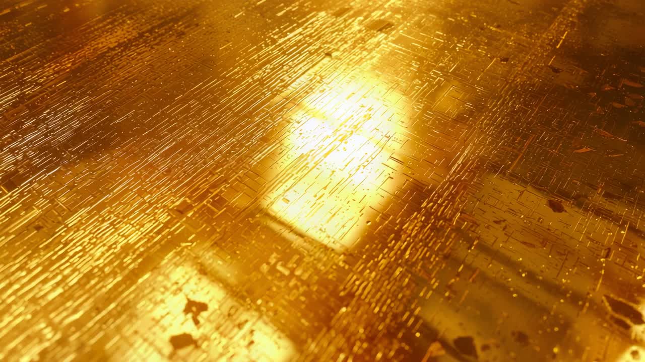 Reflecting rectangular light, gold surface revealing shifting grooves in studio, with particles