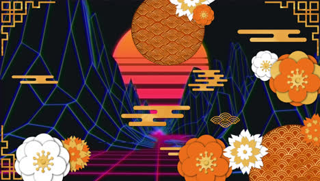 animación de flores de naranja que caen sobre el paisaje digital con el sol