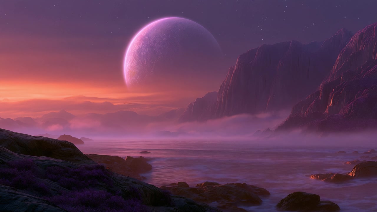 Uma Paisagem Alienígena Majestosa Revela Serenidade ao Anoitecer: Ondas Etéreas e um Planeta Roxo Dominam um Terreno Montanhoso Dramático num Cenário de Crepúsculo Cósmico