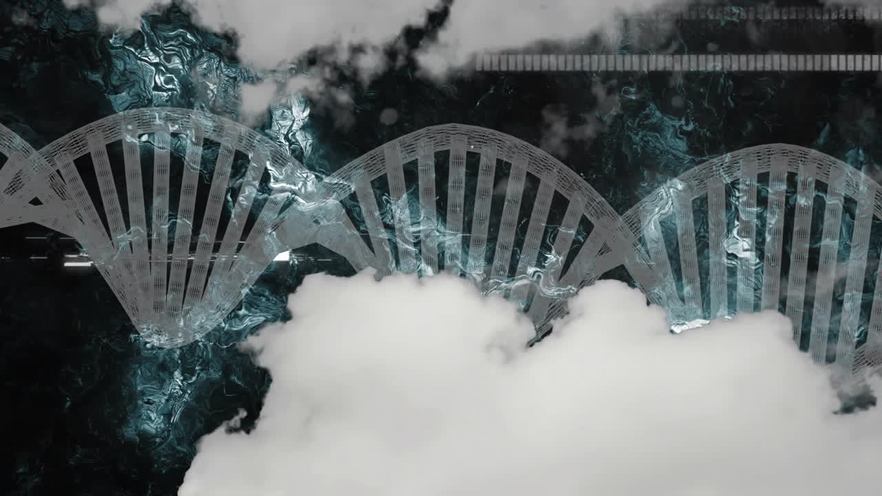 Clouds drifting upward revealing translucent DNA helix translating, rotating, pulsing for science