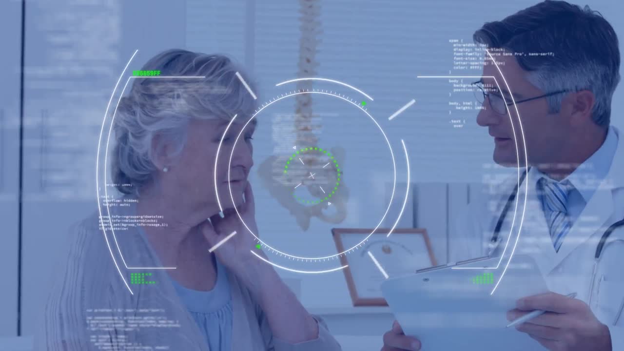 animación de escaneo de alcance y procesamiento de datos sobre un médico y un paciente caucásico