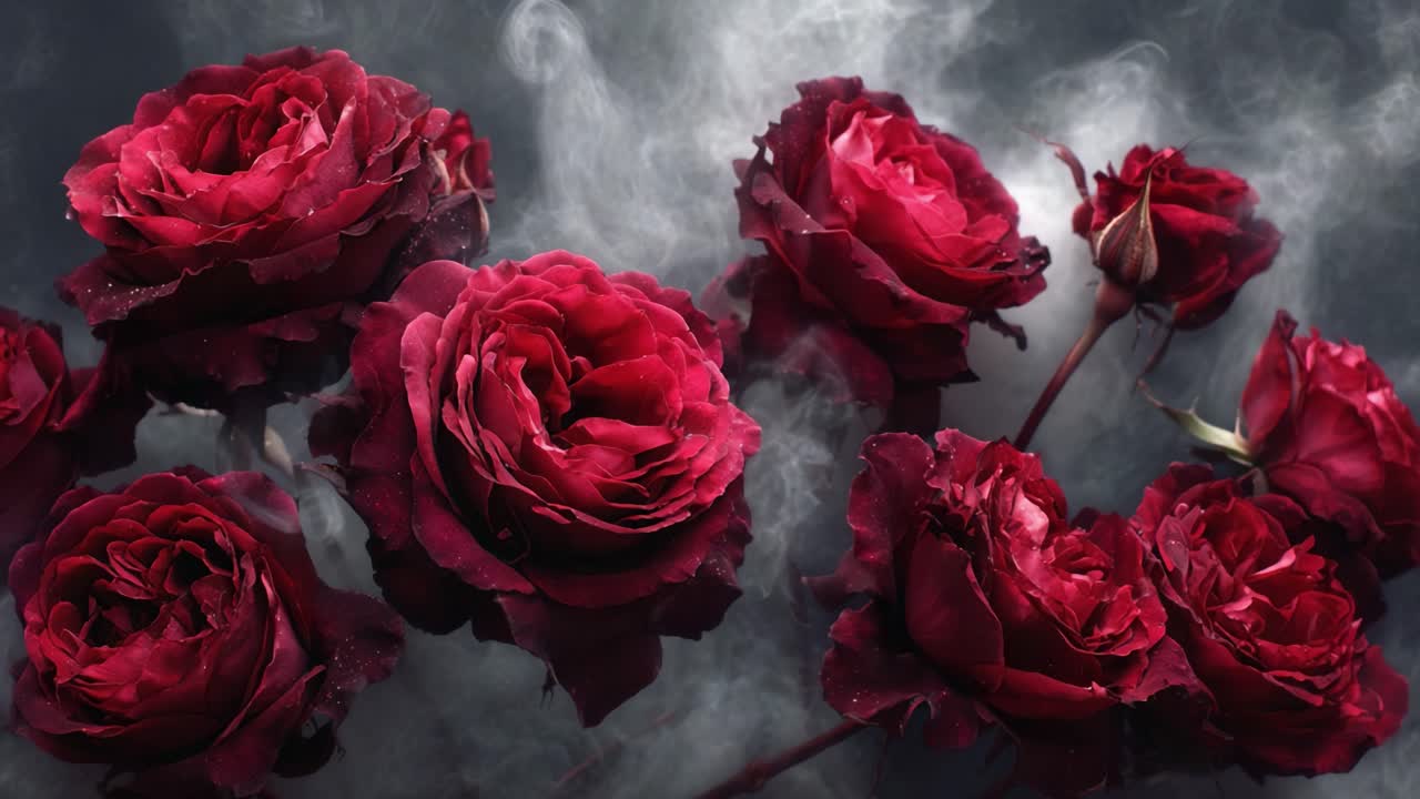 Una cautivadora exhibición de exuberantes rosas rojas rodeadas de una niebla enigmática, capturando la esencia del romanticismo y la belleza natural en un impresionante arreglo floral