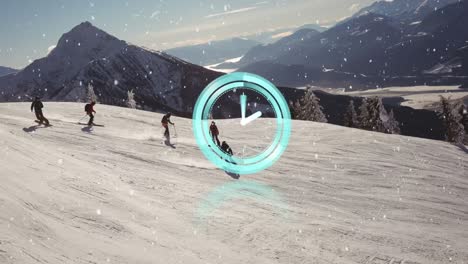 animation of circular scanner with clock hands over skiers on snow covered mountain peaks
