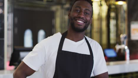 portrait of african american barista smiling to camera wearing apron in cafe