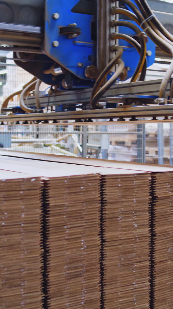 Automated equipment for laminate production. Modern robotic factory indoors. Woodworking production. Vertical video