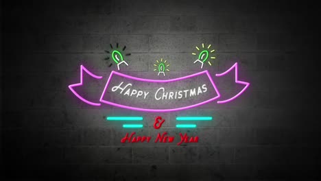 happy christmas &amp;amp; happy new year neon sign on brick wall