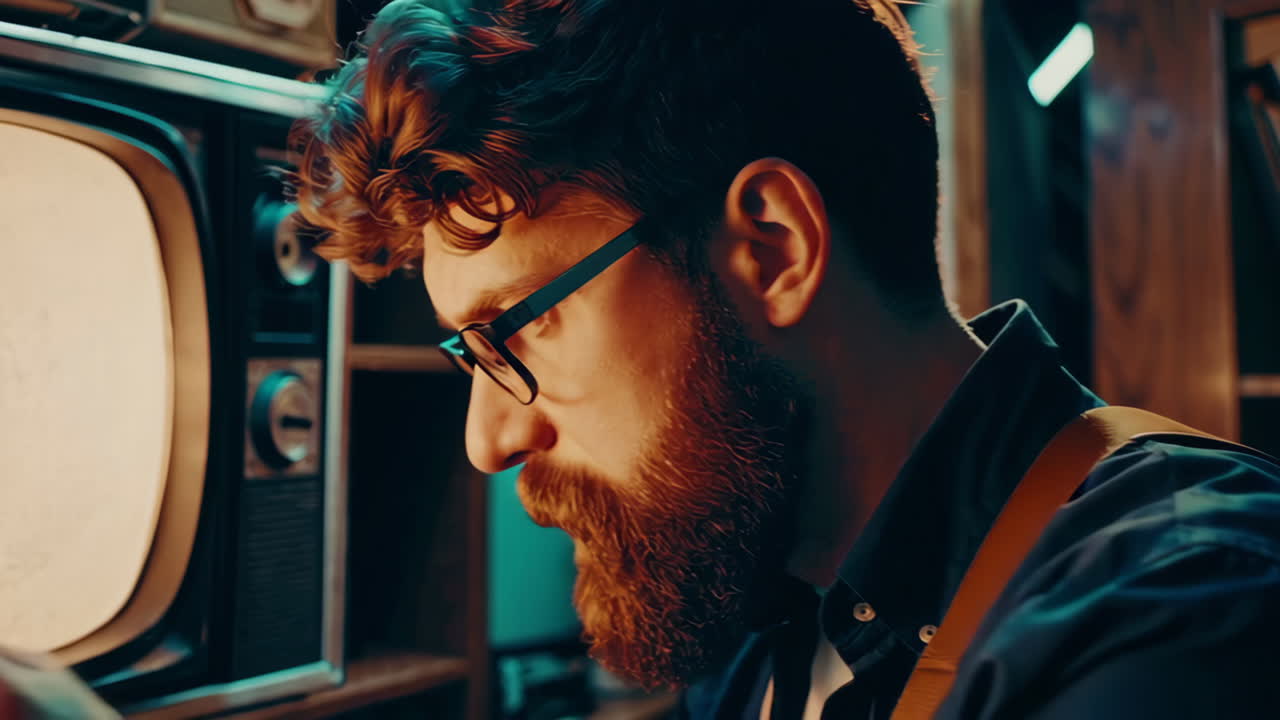 Bearded Man Looking at Retro Television