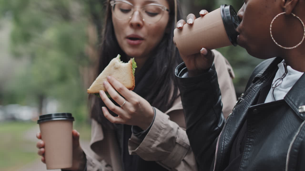 Happy Women Enjoying Sandwiches and Coffee in Park