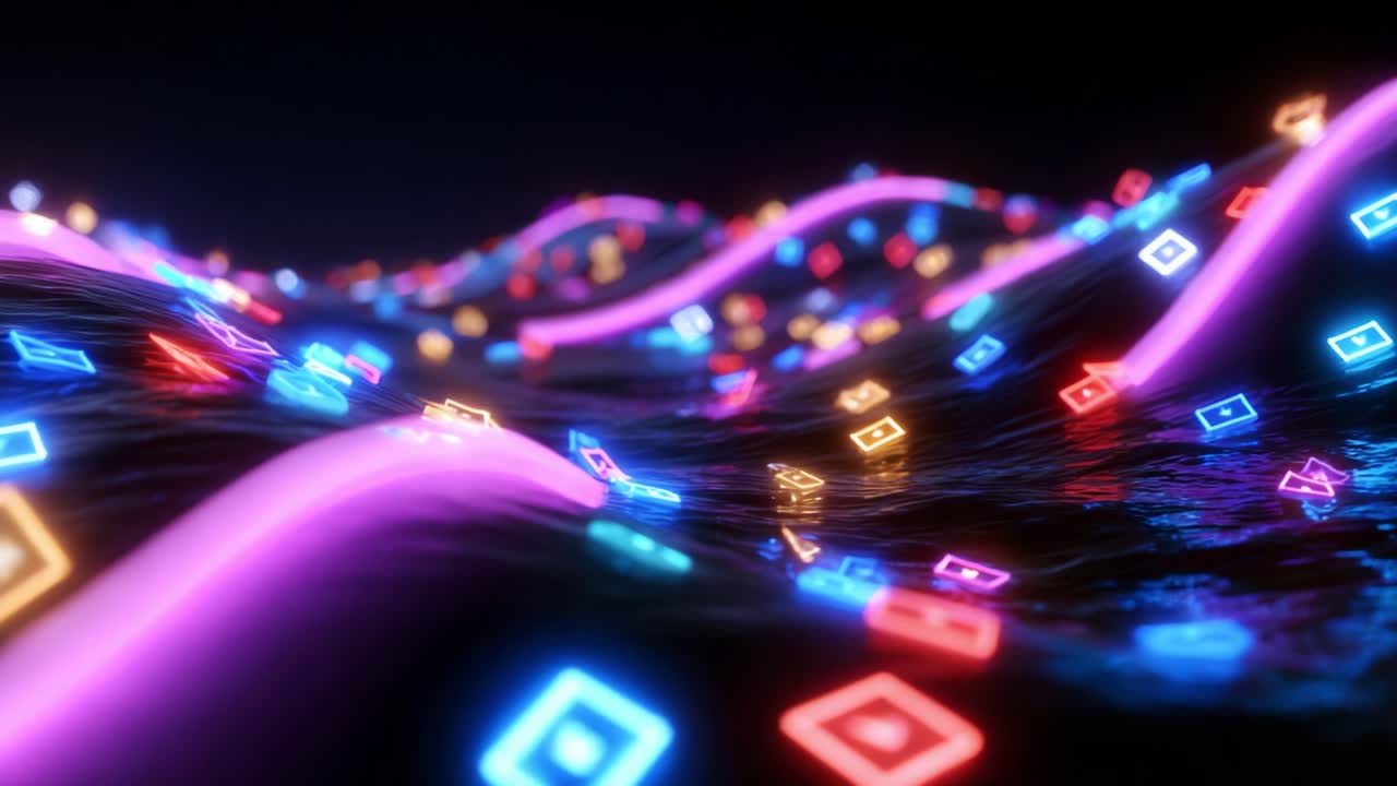 Vibrant abstract composition featuring luminous waves adorned with colorful geometric shapes, creating a mesmerizing visual experience that captivates the viewer through dynamic light and movement