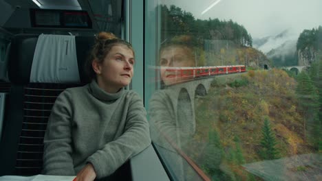 young female traveller in red scenic train