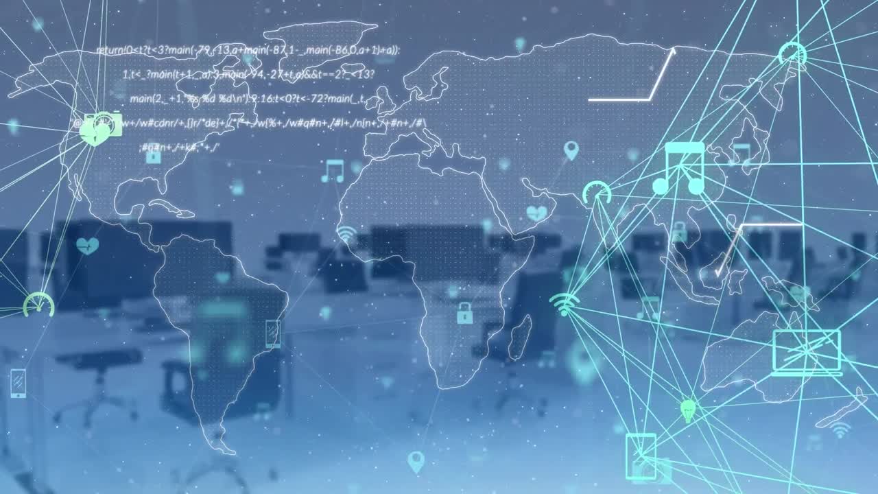 빈 사무실에 대한 지도에 컴퓨터 언어를 통해 지구를 형성하는 연결된 아이콘의 애니메이션