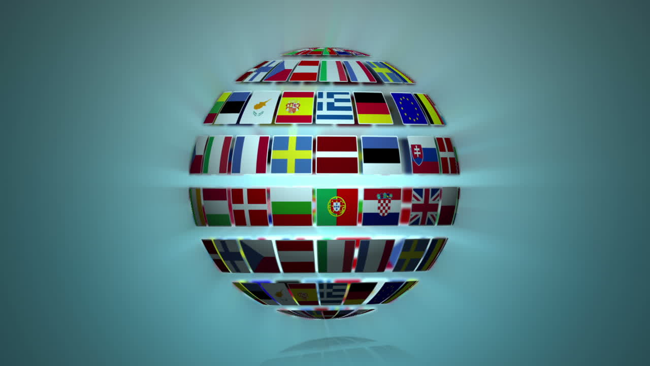 유럽 국가의 국기가 파란색 바탕에 켜져 있습니다.