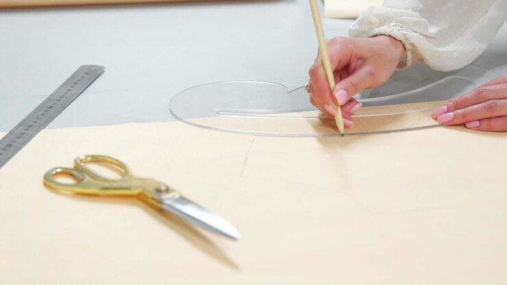 Young female designer with tape-line on her neck standing in dressmaking studio and drawing lines with chalk and rule. Female couturier in atelier cutting out a pattern for future clothes.