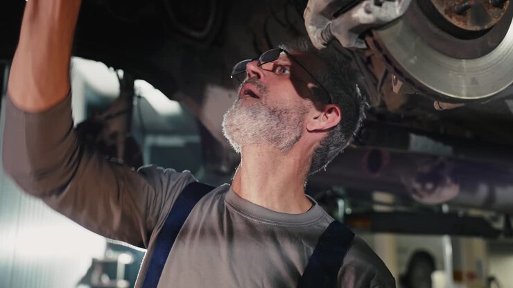 Auto Mechanic Inspecting Undercarriage