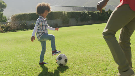 video of diverse family in playing football match outside