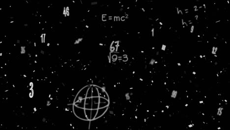 animation of confetti falling over mathematical equations on black background