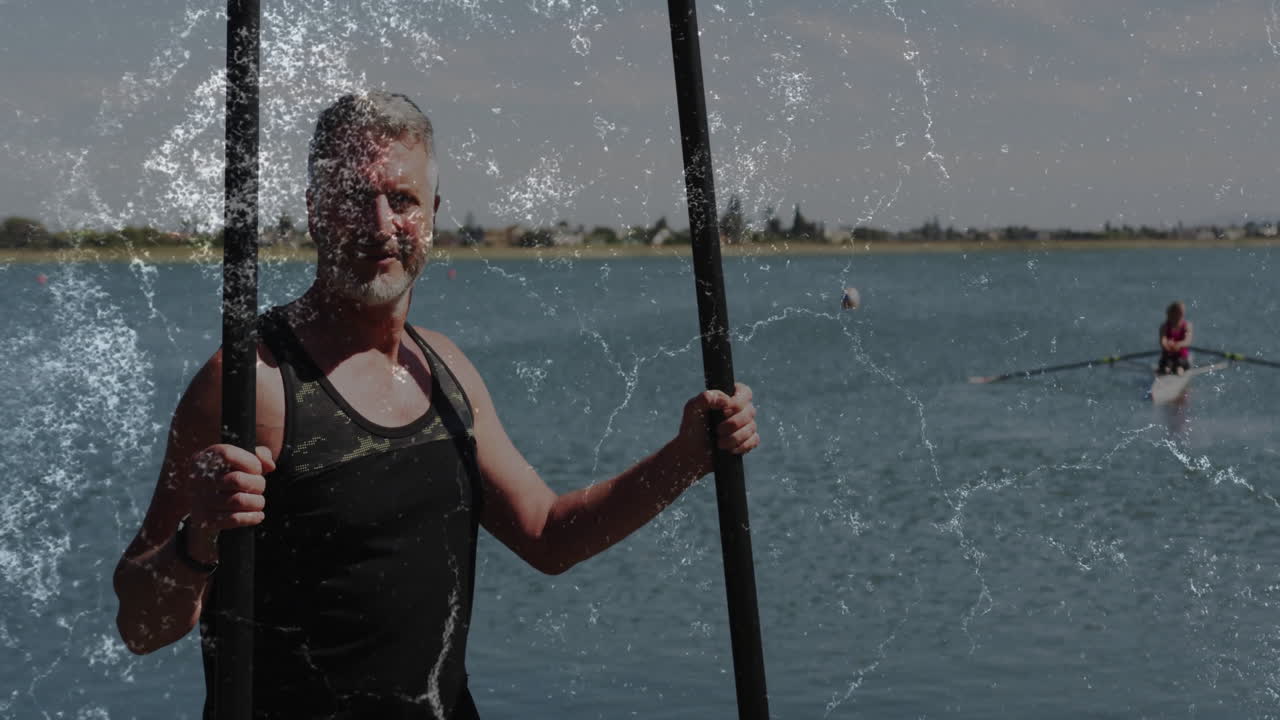 Man standing shore lake while holding paddles, health tracker displaying animated heart icons