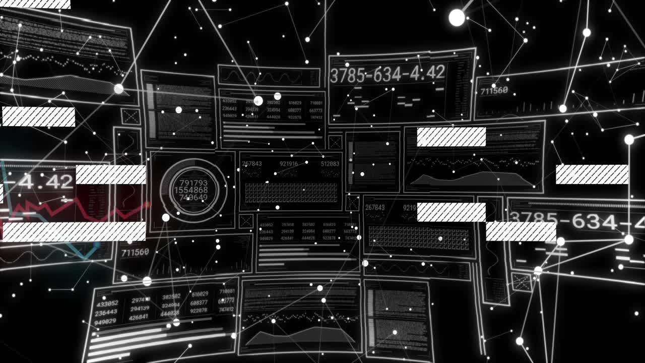 Grid panels initiating data sequence, overlays sliding and labels updating; nodes visualizing flow