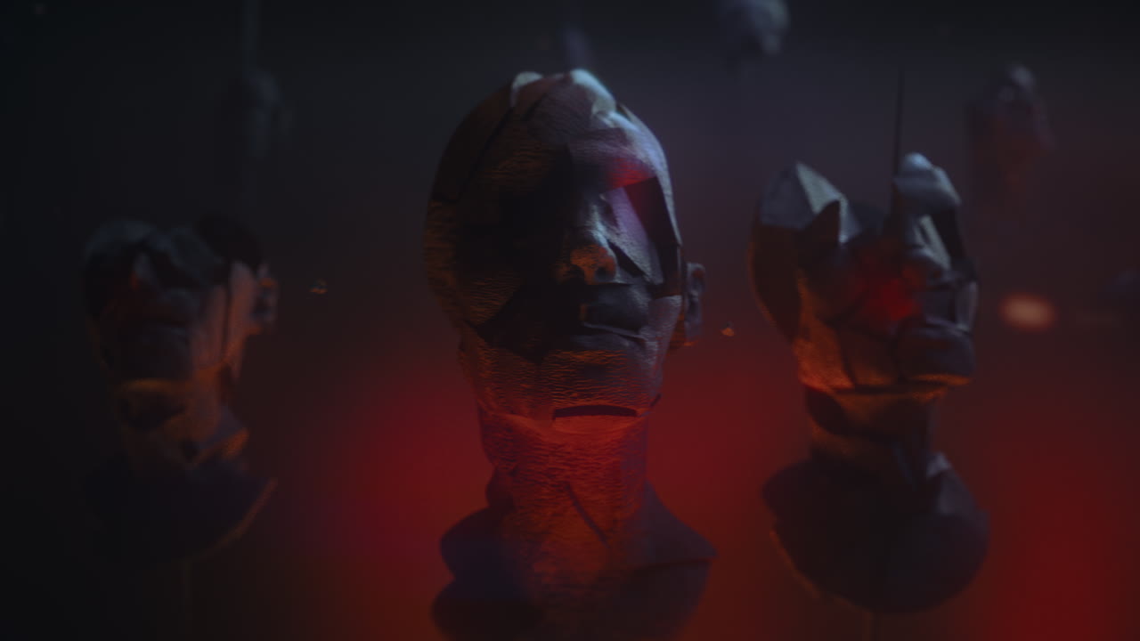 Crushed android heads on spikes in hell