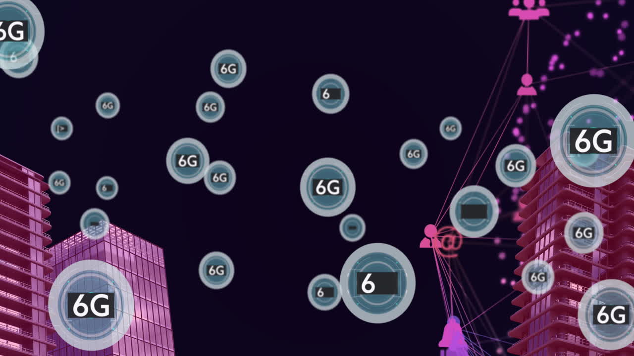 3d 빌딩 모델과 디지털 아이콘의 세계에 대해 떠다니는 여러 6g 텍스트 배너의 애니메이션