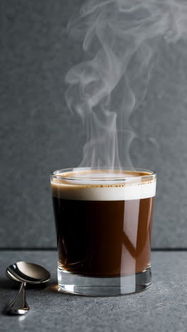 steaming hot coffee in a glass with a spoon