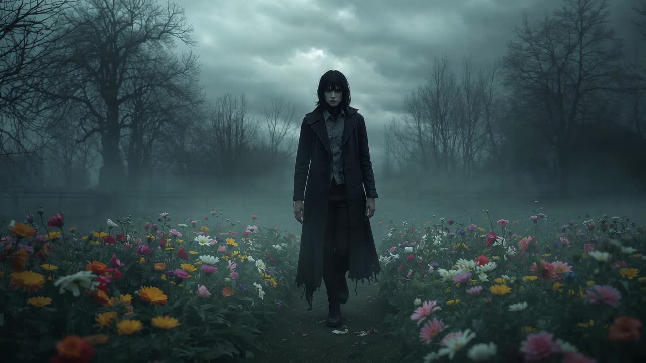 Donna che cammina con un lungo cappotto scuro che parte da lontano lungo un sentiero verso la camera attraverso fiori nebbiosi