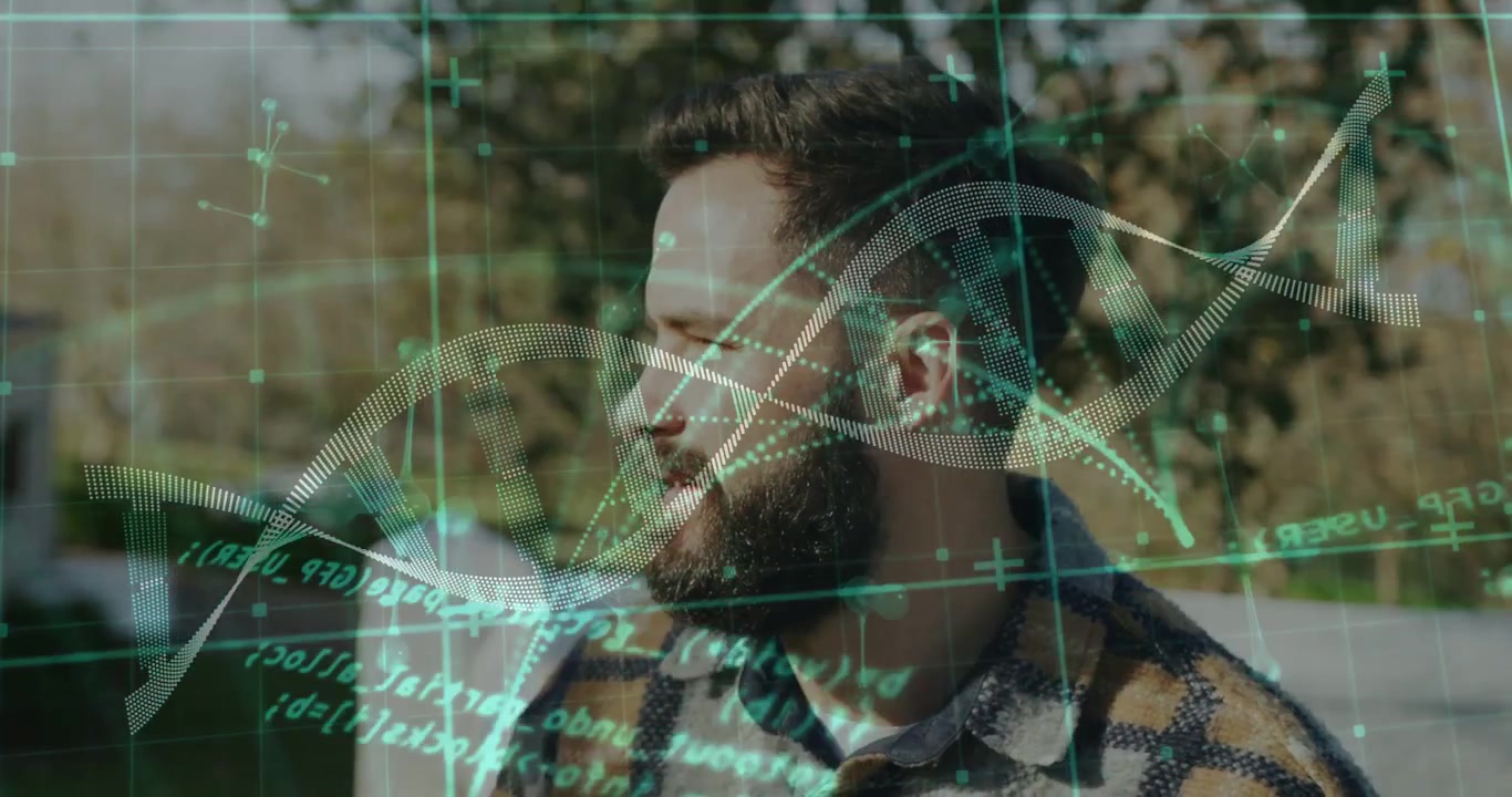 Vertical video: Reacting to glare, man in plaid coat turning head on seat, DNA helix and code over