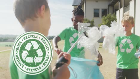 animation of recycling logo over happy diverse schoolboys collecting plastic outside school