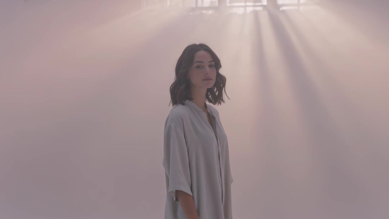 Mulher girando em vestido de cor clara posando para retrato em estúdio suavemente iluminado enquanto a luz da janela surge.