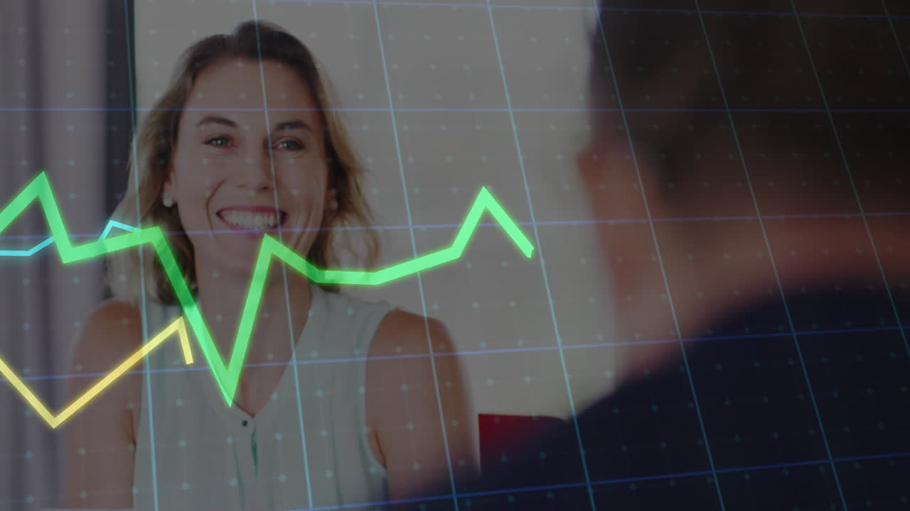 In office, woman smiling with financial graph animation on computer screen