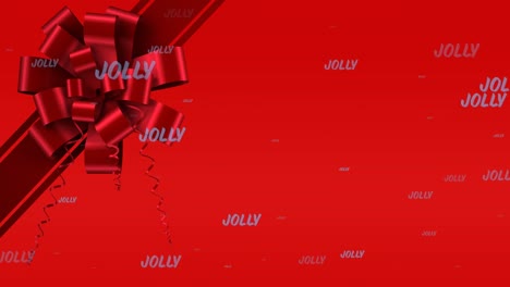 Animation-of-jolly-text-in-repetition-at-christmas-and-red-ribbon-on-red-background