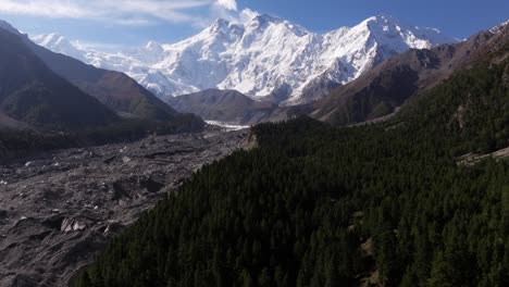 nanga parbat, cinematic establishing drone shot. 9th tallest mountain in world! fairy meadows, pakistan. rakhiot glacier. lush green forest