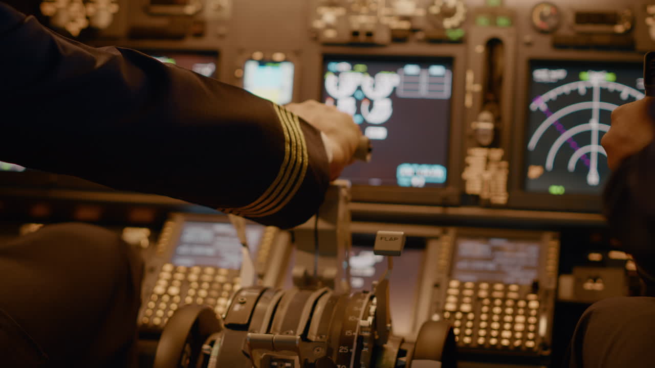 Aircraft captain in cockpit command taking off with airplane