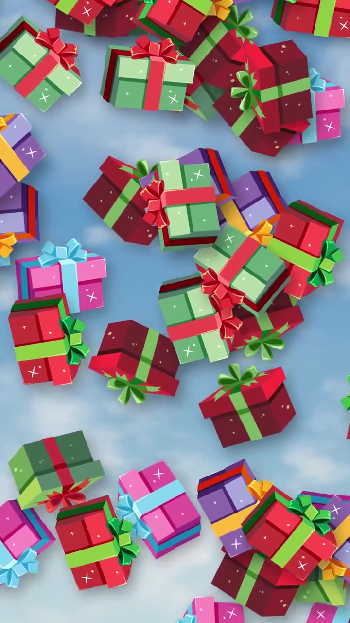 Scatole regalo animate in 3D che cadono a cascata su uno sfondo di cielo azzurro nuvoloso