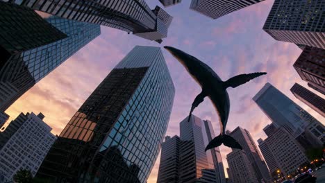 escultura de ballena en medio de los rascacielos de san francisco al atardecer