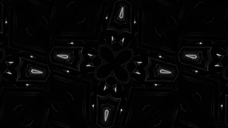 black and white cross shape shining kaleidoscope motion with crystal like structure, loop-able 3d cgi rendering animation