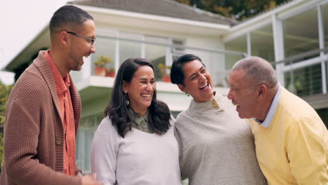new home, laugh and senior parents hug excited
