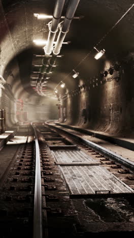 dark and mysterious underground tunnel with railway tracks