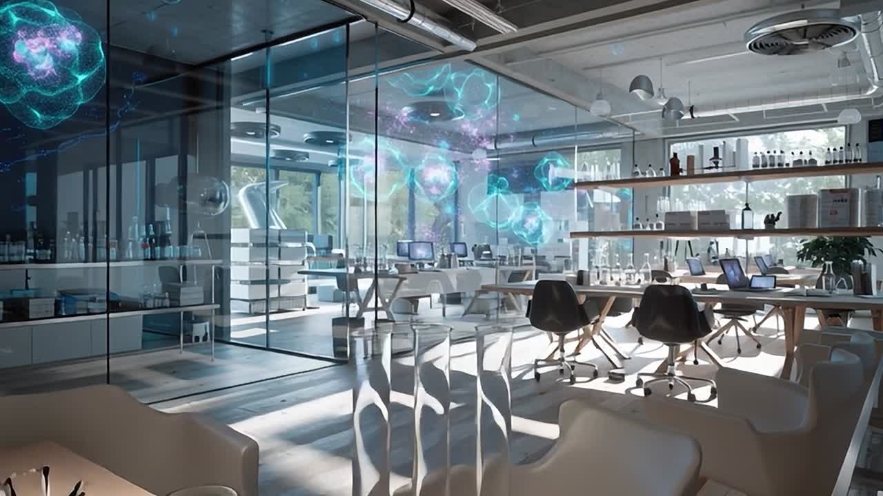Innovativt laboratorieinteriør med avanceret teknologi og hologrammer.