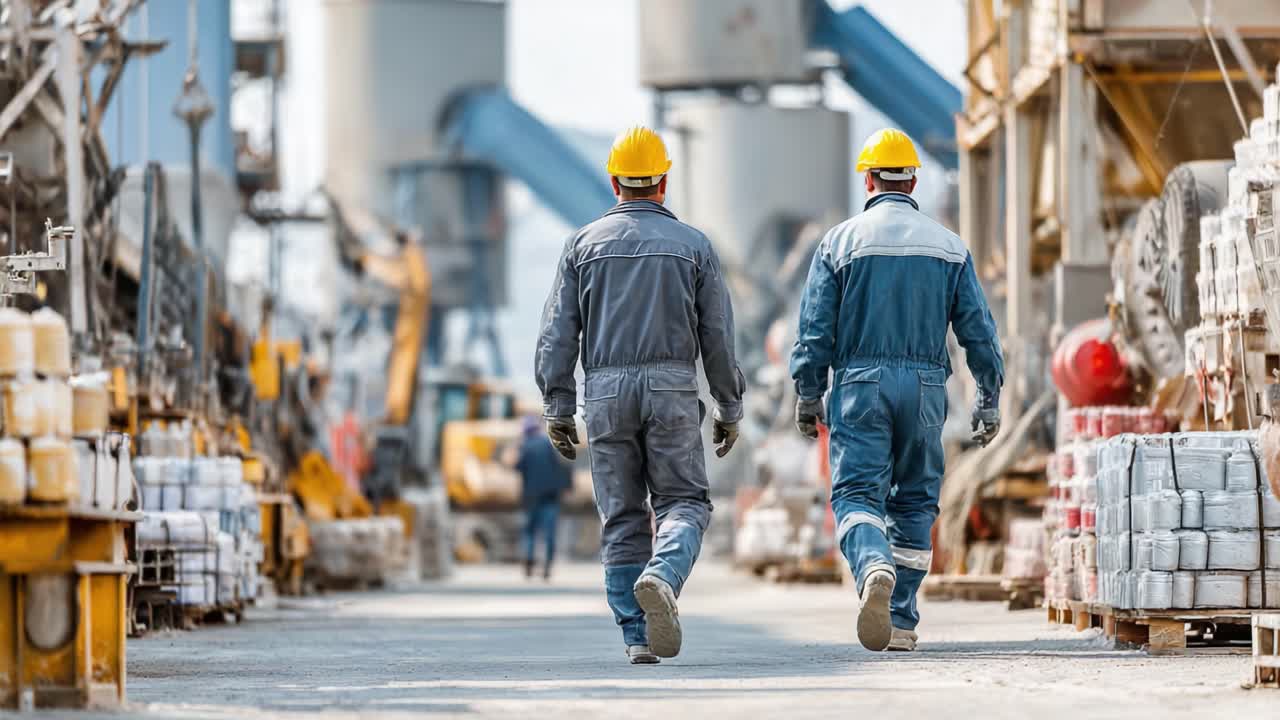 Two Construction Workers with Hard Hats Walking Through Industrial Site Surrounded by Machinery and Building Materials