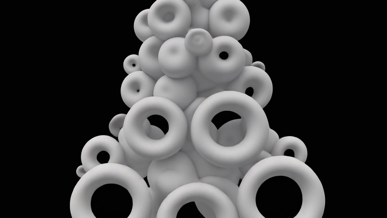 Abstract 3D Animation of White Torus Shapes Expanding and Floating