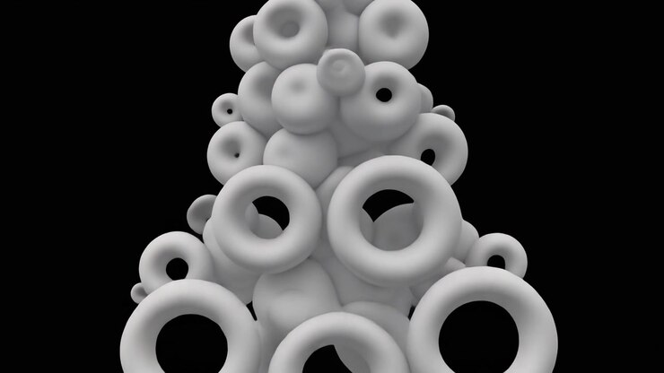 Abstract 3D Animation of White Torus Shapes Expanding and Floating