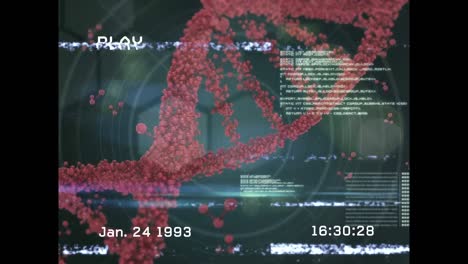 animation of screen with glitch and diverse data over dna chain on green background