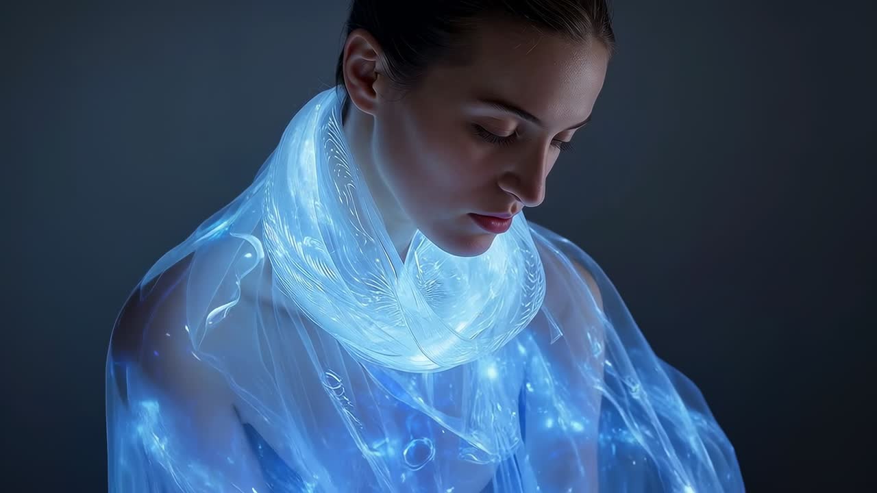 Modello in posa che china la testa in studio mentre le fibre della sciarpa vibrano e la veste si sposta, mettendo in risalto il tessuto illuminato